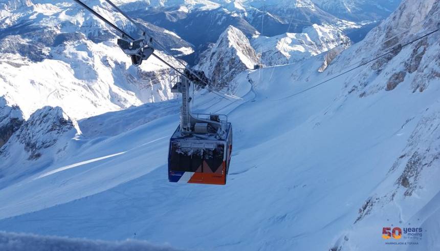 New cable cars at the Marmolada mountain in the Dolomites open on 27. January 2018
