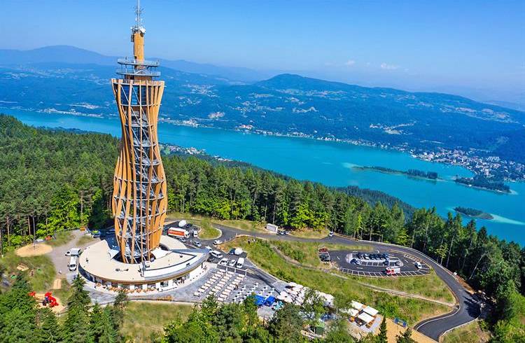 PYRAMIDENKOGEL AT LAKE WORTHERSEE IN CARINTHIA- THE HIGHEST WOODEN VIEWING  TOWER IN THE WORLD