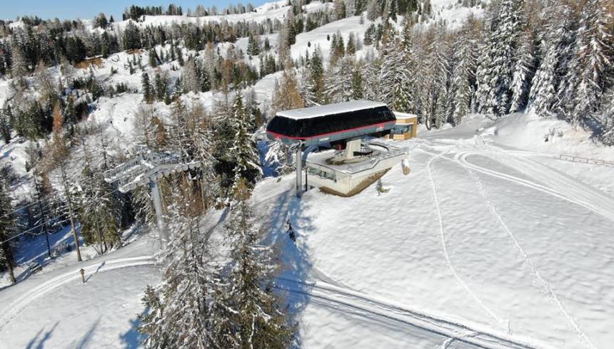 New cable car fitted at Santa Croce ski slope in Alta Badia, South Tyrol, Dolomites, Italy